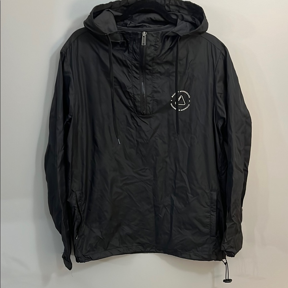 Black Windbreaker Jacket with Hood and Quarter-Length Zipper
